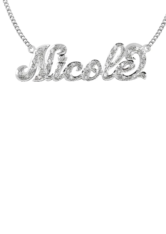 Grooved rim necklace-14K Gold  Diamond Cut with Diamonds Name Plate Necklace | Style #4