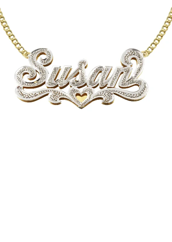 Pure pearl necklace-14K Gold  Diamond Cut with Diamonds Name Plate Necklace | Style #10