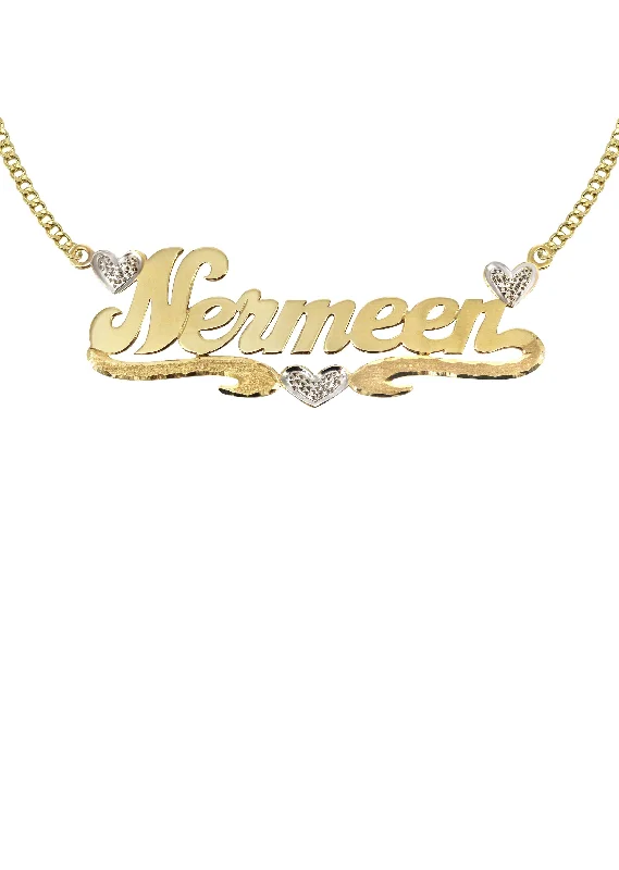 Stamped gem necklace-14K Gold  Two Tone Hearts Name Plate Necklace | Style #23