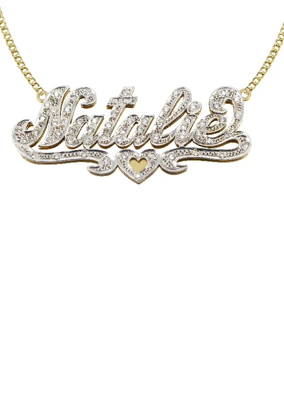 Sparkling gem necklace-14K Gold  Two Tone  Diamonds Name Plate Necklace | Style #3