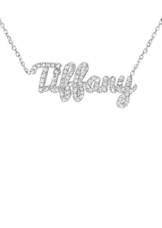 Swirled design necklace-14K White Gold  Full Diamond Script Name Plate Necklace | Style #39