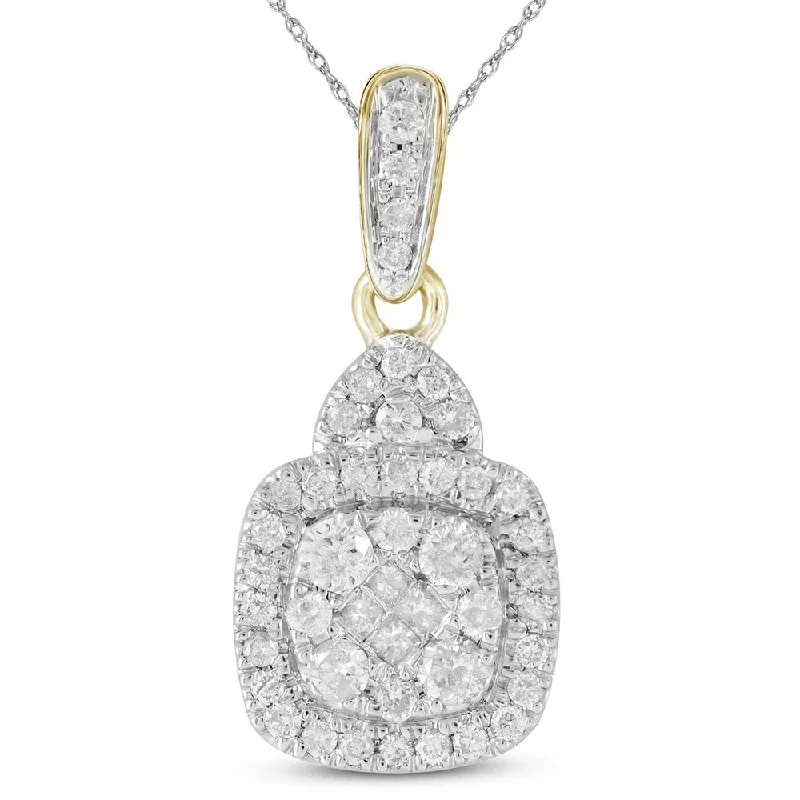 Stamped gem necklace-14kt Yellow Gold Womens Princess Round Diamond Square Cluster Pendant 3/8 Cttw