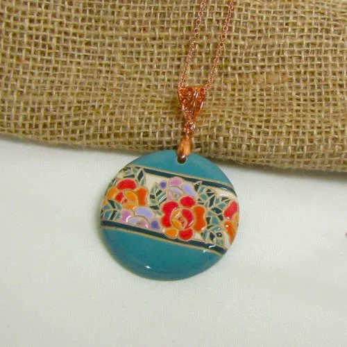 Domed cabochon necklace-Turquoise Floral Artisan Bead Pendant Necklace