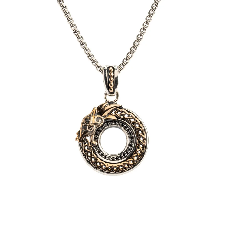 Folk grooved necklace-Silver and Bronze Round Celtic Dragon Open Weave Pendant Small