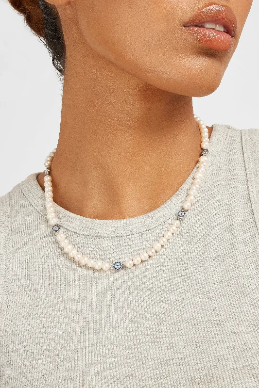 Soft curve necklace-Freshwater Pearl and Iced Evil Eye Necklace