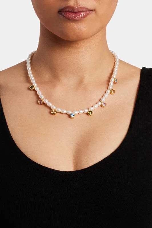 Crafted gold necklace-Freshwater Pearl Drop Gem Necklace