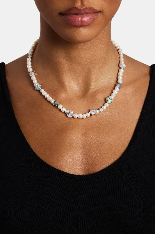 Swept gem necklace-Freshwater Pearl Iced Mixed Motif Necklace