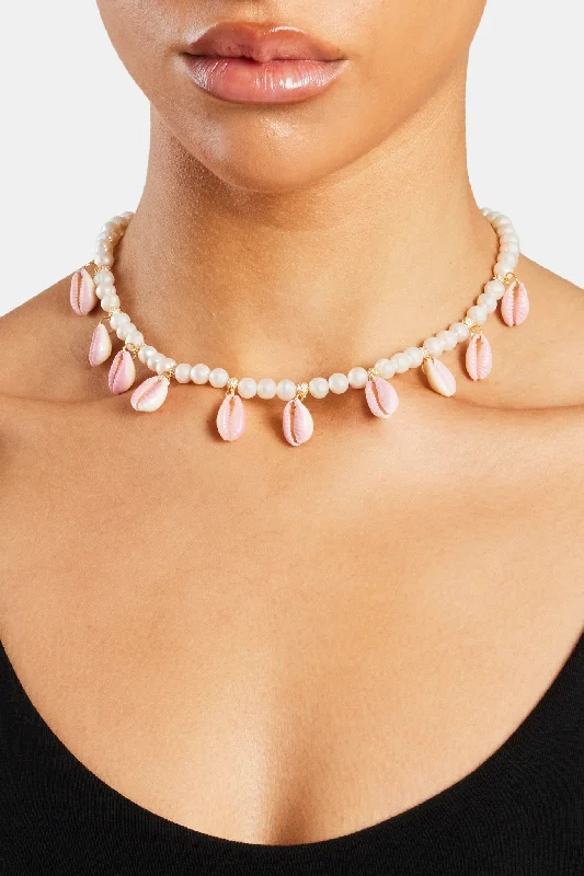 Luminous diamond necklace-Freshwater Pearl Pink Cowrie Shell Necklace - Gold