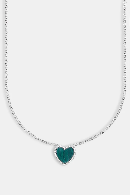 Satin gold necklace-Green Malachite Heart Necklace - White