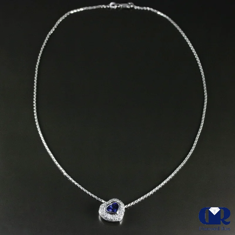 Hinged necklace-Heart Shaped Sapphire & Diamond Pendant Necklace In 14K White Gold