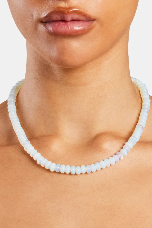 Knotted cord necklace-Opal Bead Necklace - White