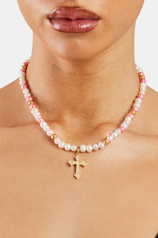 Heptagon pendant necklace-Pink Bead & Cross Freshwater Pearl Necklace