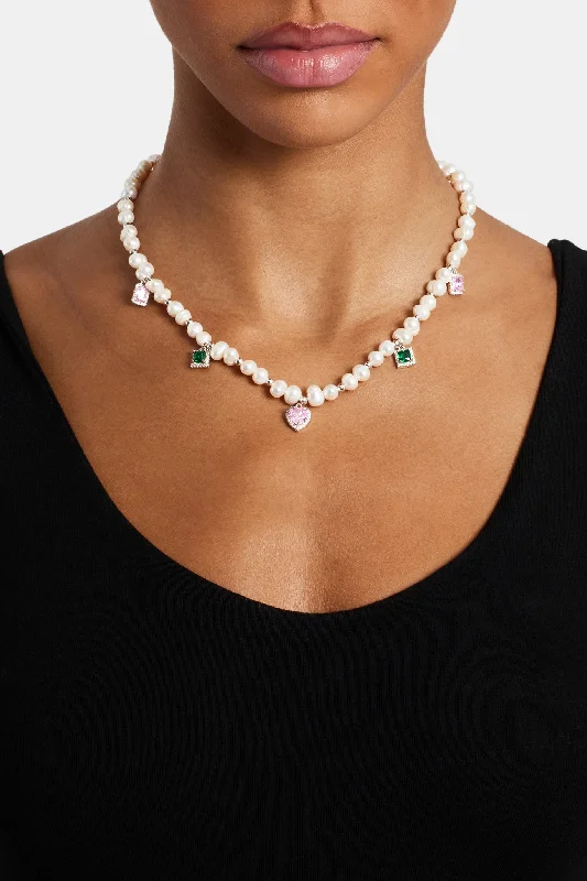 Curving bar necklace-Pink & Green Mixed Gem Freshwater Pearl Necklace - 6mm