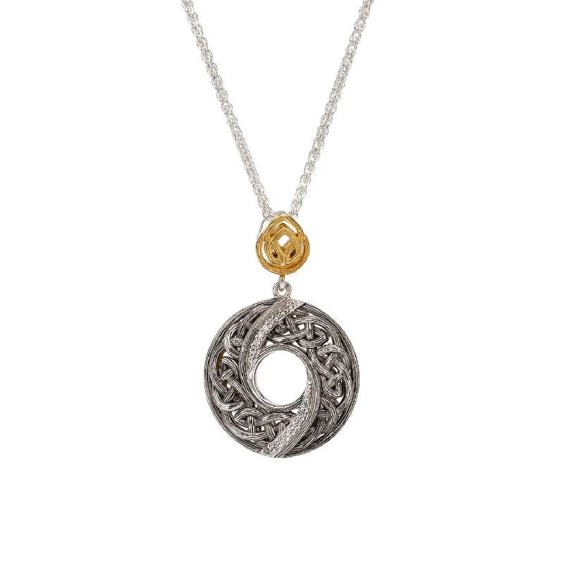 Bloom-bud necklace-Silver and 10k Gold Whirlpool Round Pendant - Cubic Zirconia