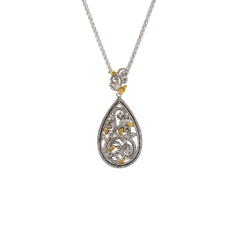 Wire-curve necklace-Silver And 10k Gold Tree of Life Pendant - Cubic Zirconia