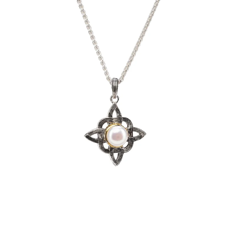 Ruffled rim necklace-Silver And 10k Gold Celestial Pendant - White Fresh Water Pearl