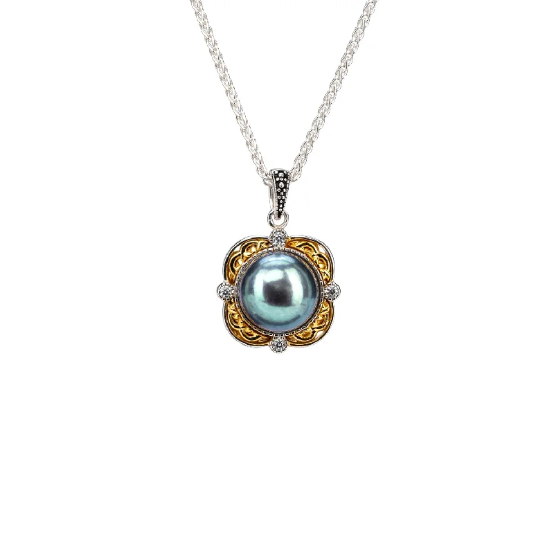 Sparkling gem necklace-Silver and 10k Gold Aphrodite Framed Peacock Fresh Water Pearl Pendant