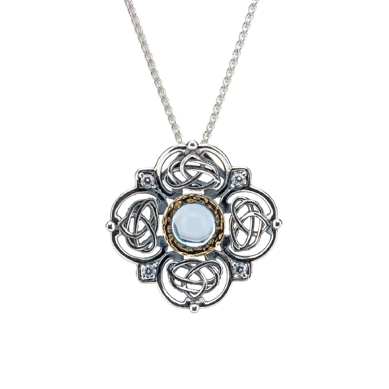 Stamped design necklace-Silver and 10k Gold Celestial Pendant - Sky Blue Topaz & Cubic Zirconia.