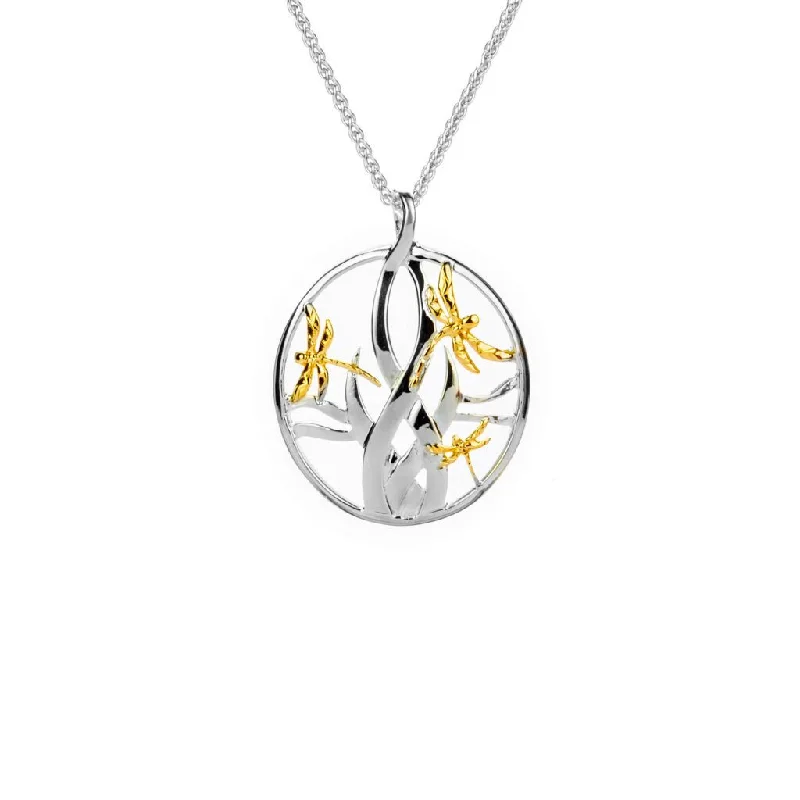 Pure stone necklace-Silver and 10k Gold Dragonfly in Reeds Pendant Small