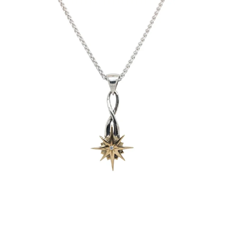 Raised-tier necklace-Silver and 10k Gold Compass Star Pendant Small