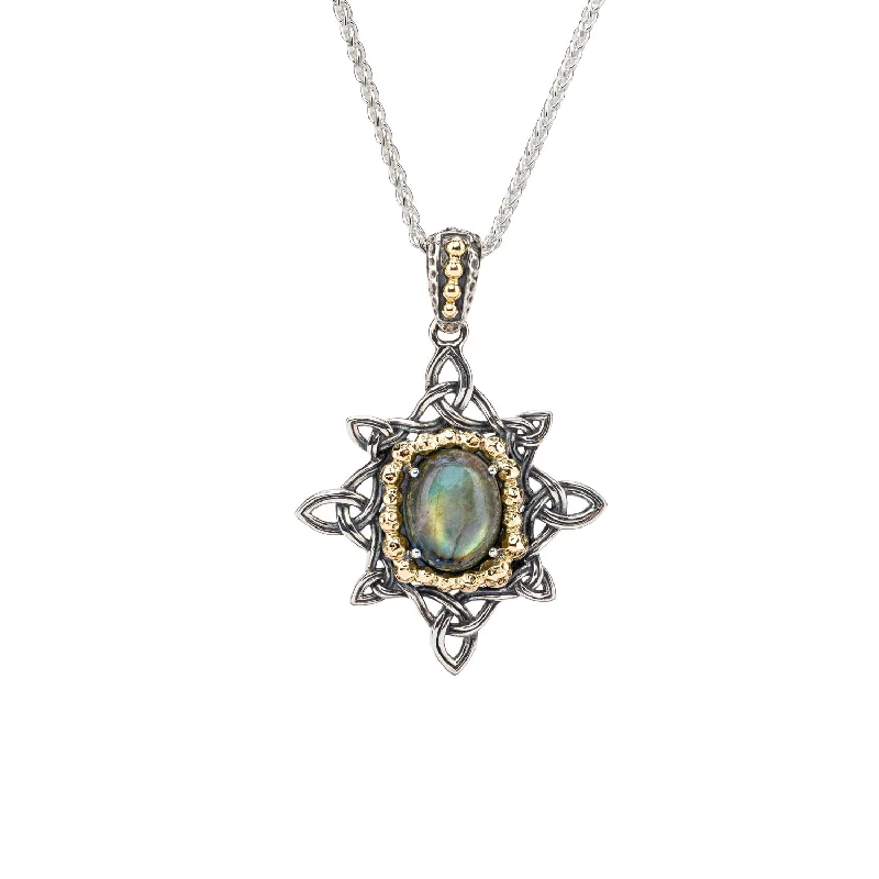 Broad-level necklace-Silver and 10k Gold Celestial Pendant - Labradorite