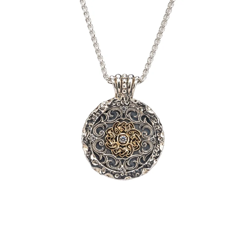 Retro-style opal necklace-Silver and 10k Gold Whirlpool Filigree Medallion Pendant - Cubic Zirconia