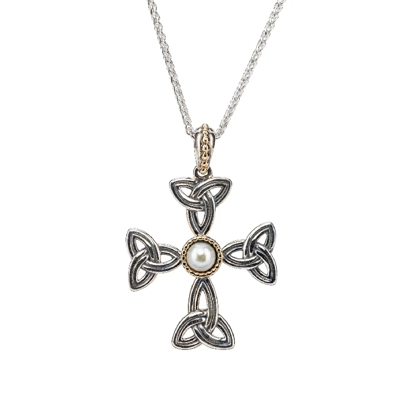 Solid-set pave necklace-Silver and 10k Gold Aphrodite Cross Pendant - White Fresh Water Pearl