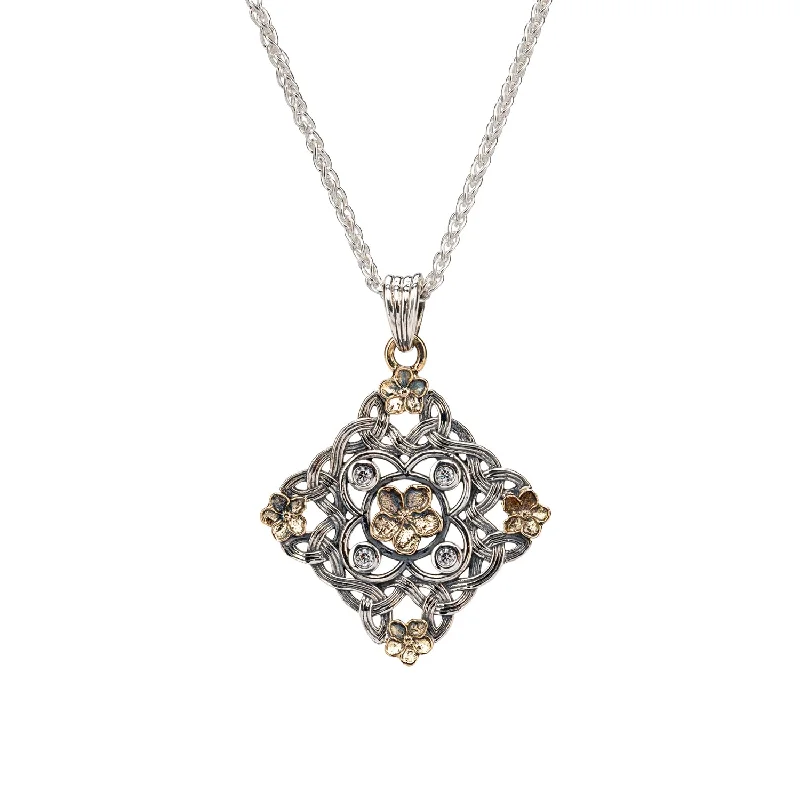 Grooved pattern necklace-Silver and 10k Gold Forget-Me-Not Pendant - Cubic Zirconia