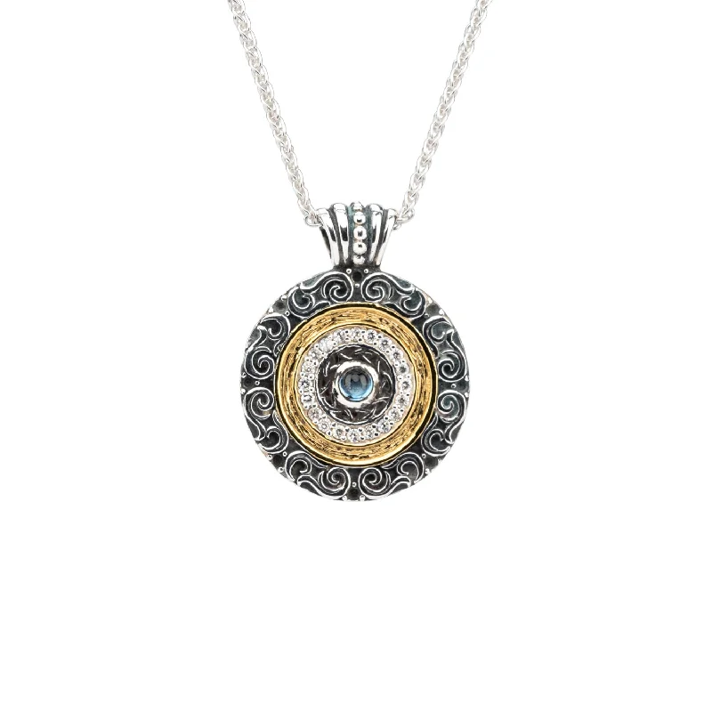 Night moon necklace-Silver with 14k Gold Gilding Shield Filigree Pendant - London Blue Topaz