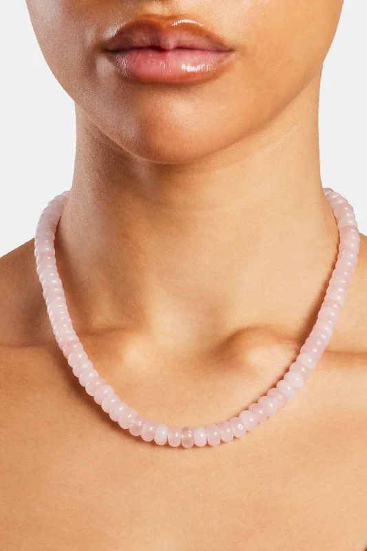 Shiny gem necklace-Rose Quartz Bead Necklace - White 8mm