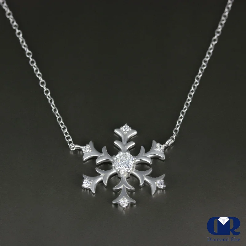 Radiant zircon necklace-Round Cut Diamond Snowflake Pendant necklace In 14K Gold