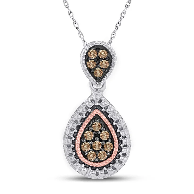 Sunken stone necklace-Sterling Silver Womens Round Brown Diamond Teardrop Cluster Pendant 1/6 Cttw