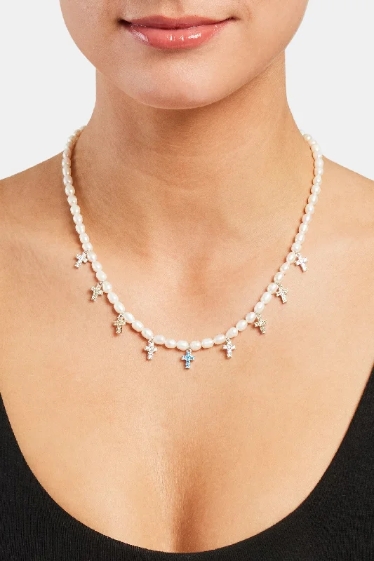 Solid-set pave necklace-Womens Freshwater Pearl & Multi Colour Ice Cross Necklace - White