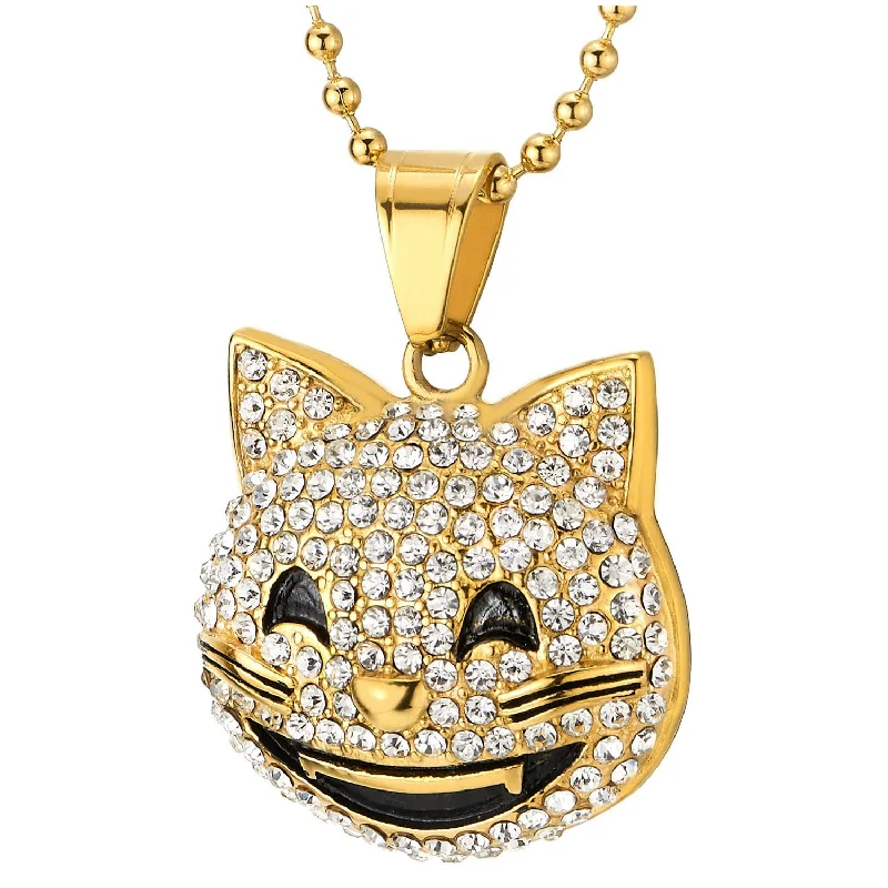 Buried necklace-Womens Mens Stainless Steel Gold Color Smiling Grinning Kitty Cat Pendant Necklace with Rhinestones