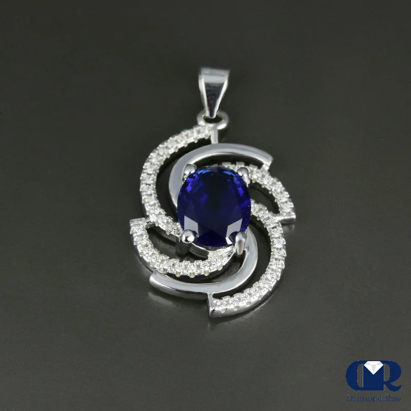 Heavy gold necklace-Women's Oval Sapphire & Diamond Pendant In 14K Gold