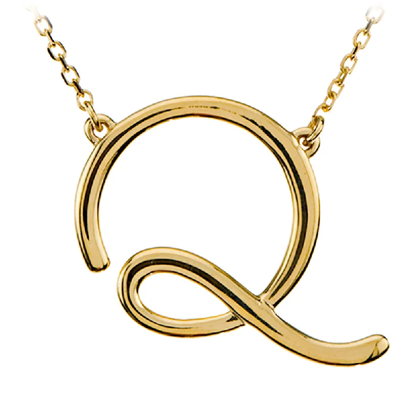 Deep emerald necklace-14k Yellow Gold, Olivia Collection, Medium Script Initial Q Necklace