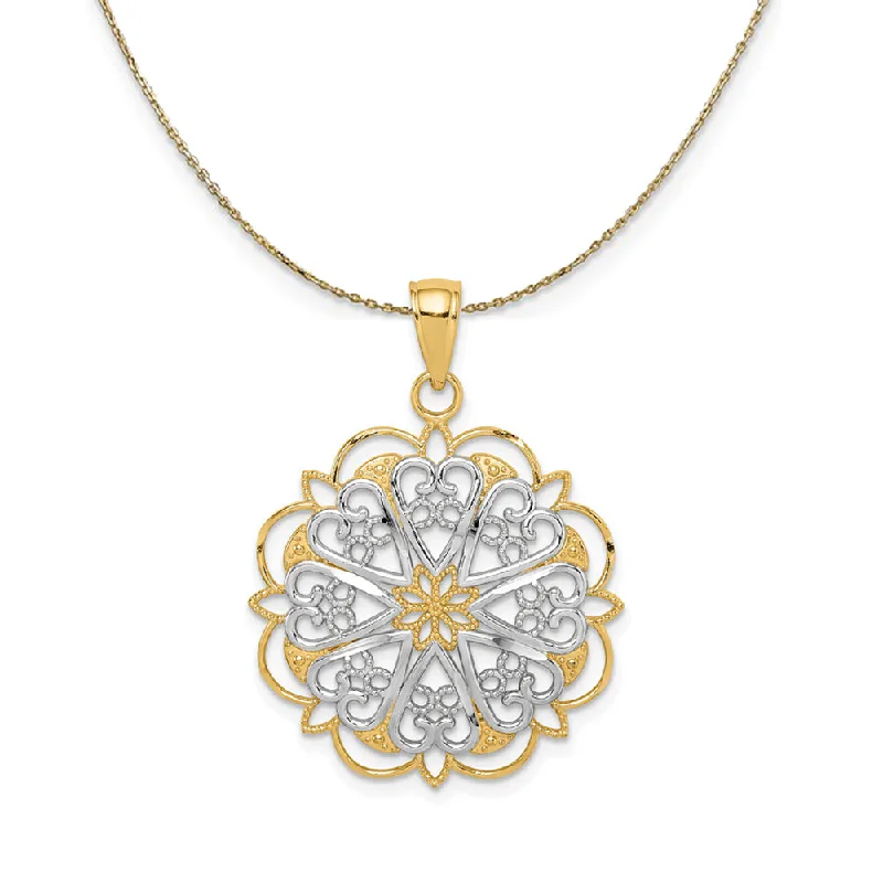 Broad-level necklace-14K Yellow Gold & Rhodium Filigree Hearts Necklace