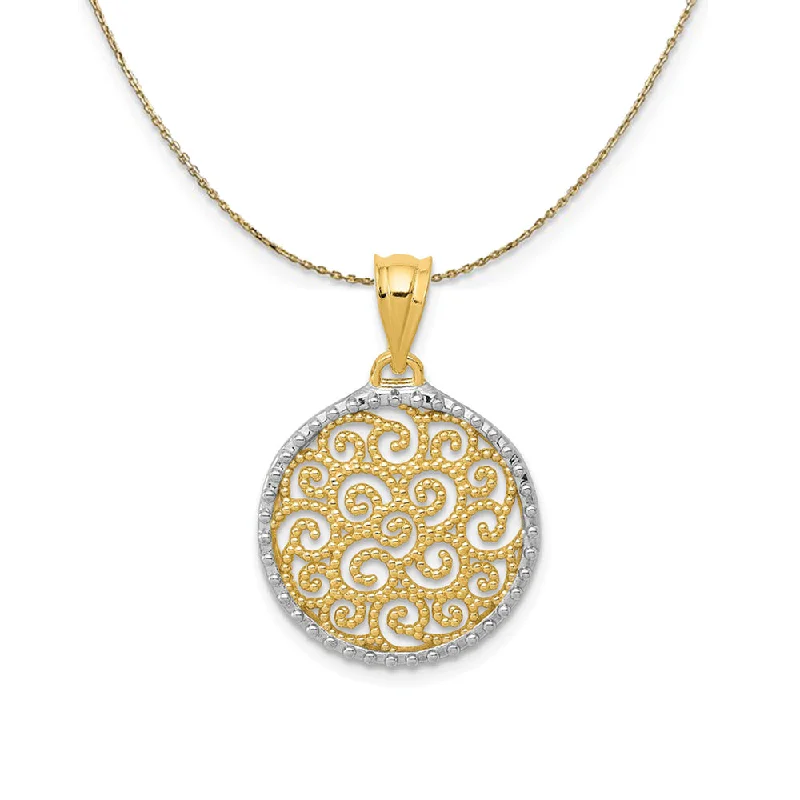 Soft curve necklace-14k Yellow Gold & Rhodium Filigree Scroll Circle Necklace