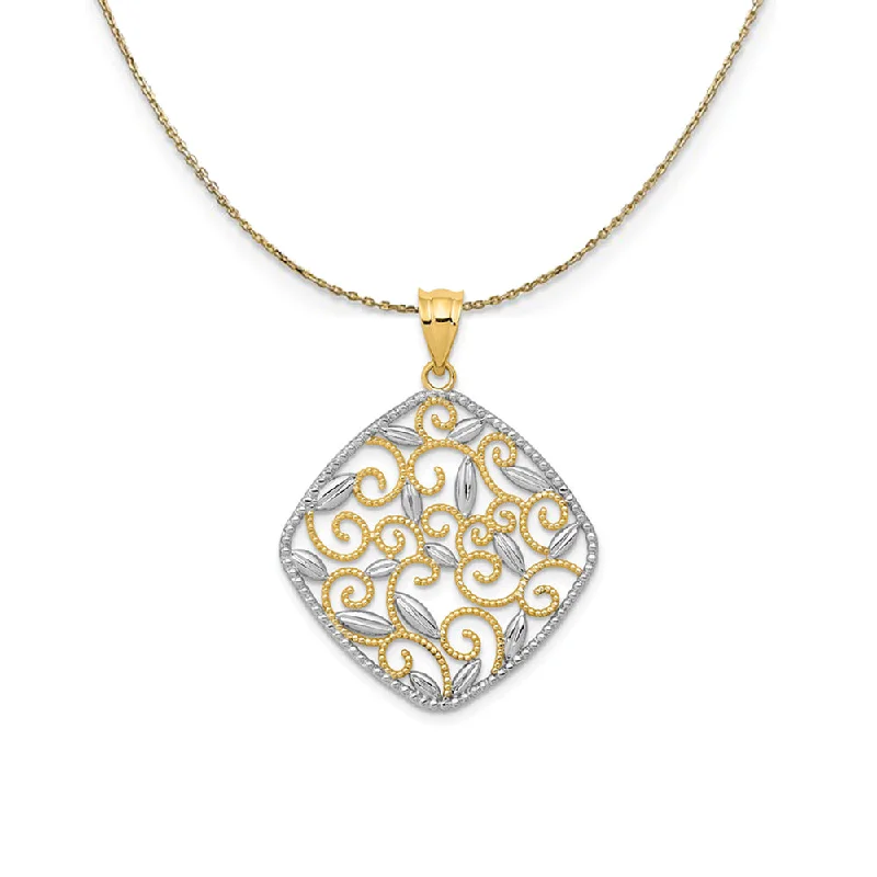 Pale morganite necklace-14k Yellow Gold & Rhodium Vine Filigree Rhombus, 25mm Necklace