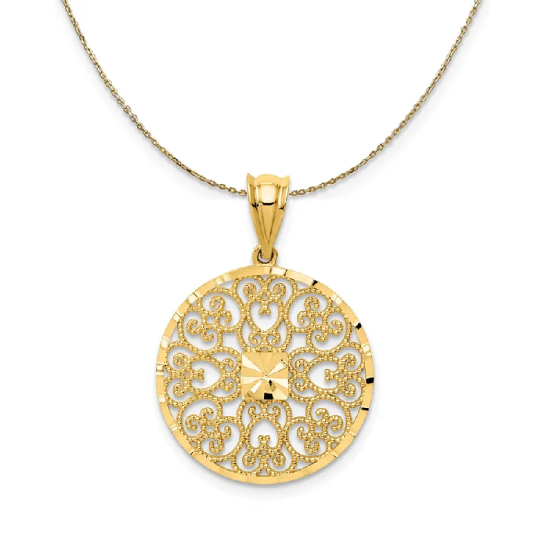 Lush gold necklace-14K Yellow Gold Textured Filigree Circle Necklace