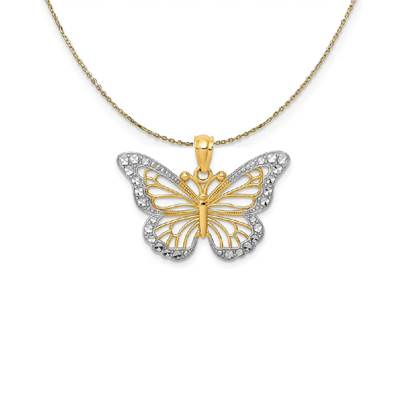 14k Yellow Gold with Rhodium Ornate Butterfly Necklace