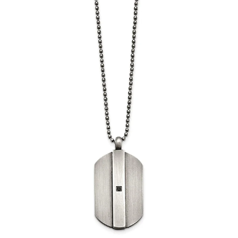 Grooved pattern necklace-Antiqued Brushed Stainless Steel & Black CZ Dog Tag Necklace, 20 Inch