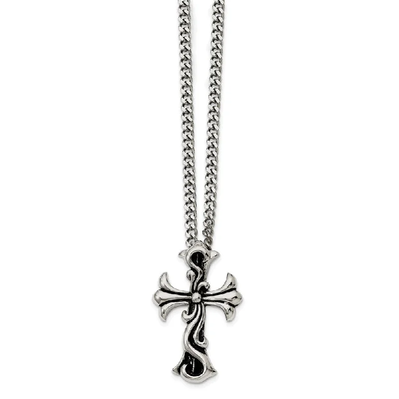 Antiqued Stainless Steel Medieval Cross Necklace - 22 Inch