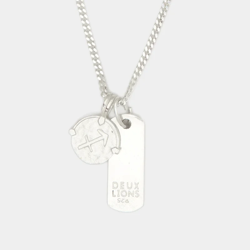 Etched chain necklace-Baby Lion Tag and Zodiac Combo Necklace in Silver