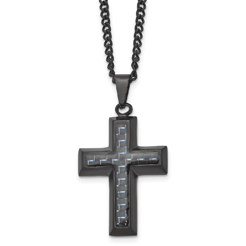 Black Plated Stainless Steel Blue Carbon Fiber Cross Necklace, 24 Inch