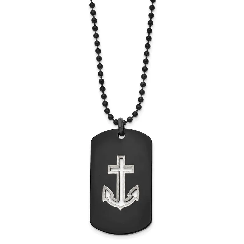 Brushed steel necklace-Black Plated Stainless Steel Cutout Anchor Dog Tag Necklace, 22 Inch