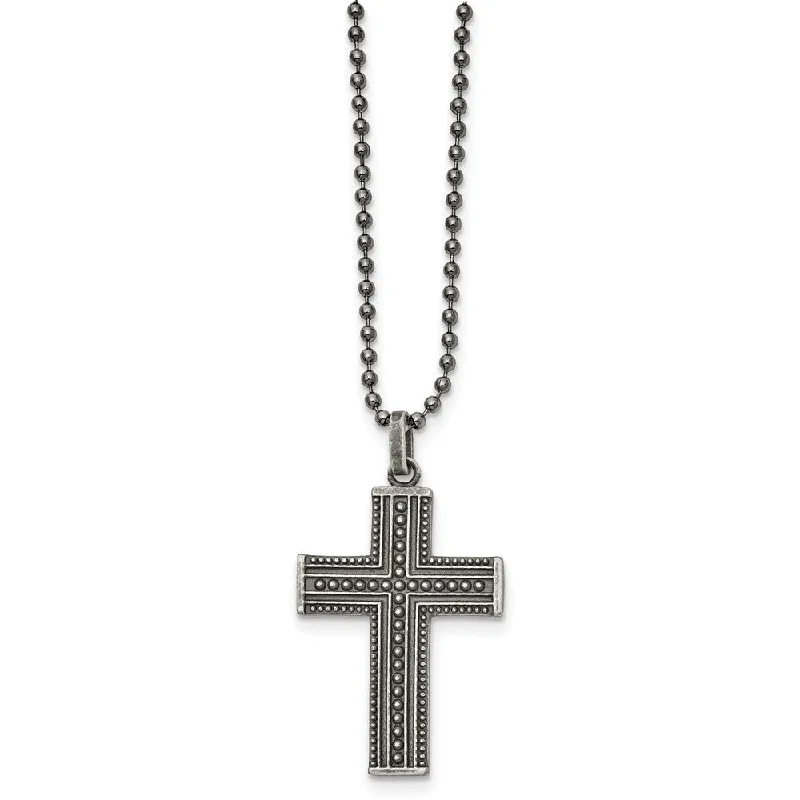 Light weave necklace-Gunmetal Plated Stainless Steel Antiqued Beaded Cross Necklace, 22 In