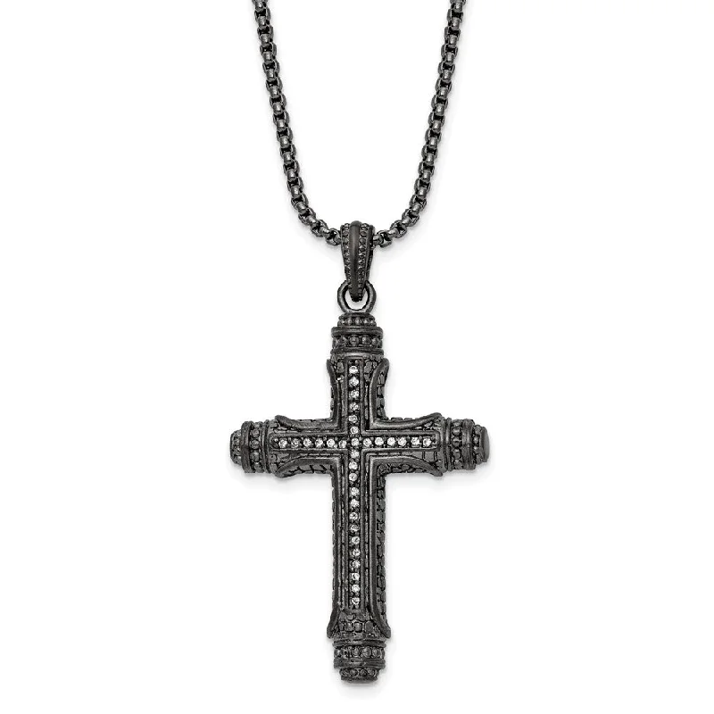 Gunmetal Plated Stainless Steel CZ Large Pillar Cross Necklace, 24 In