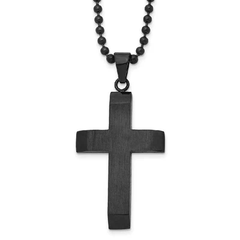 Men's Black Plated Stainless Steel Brushed Cross Necklace, 24 Inch