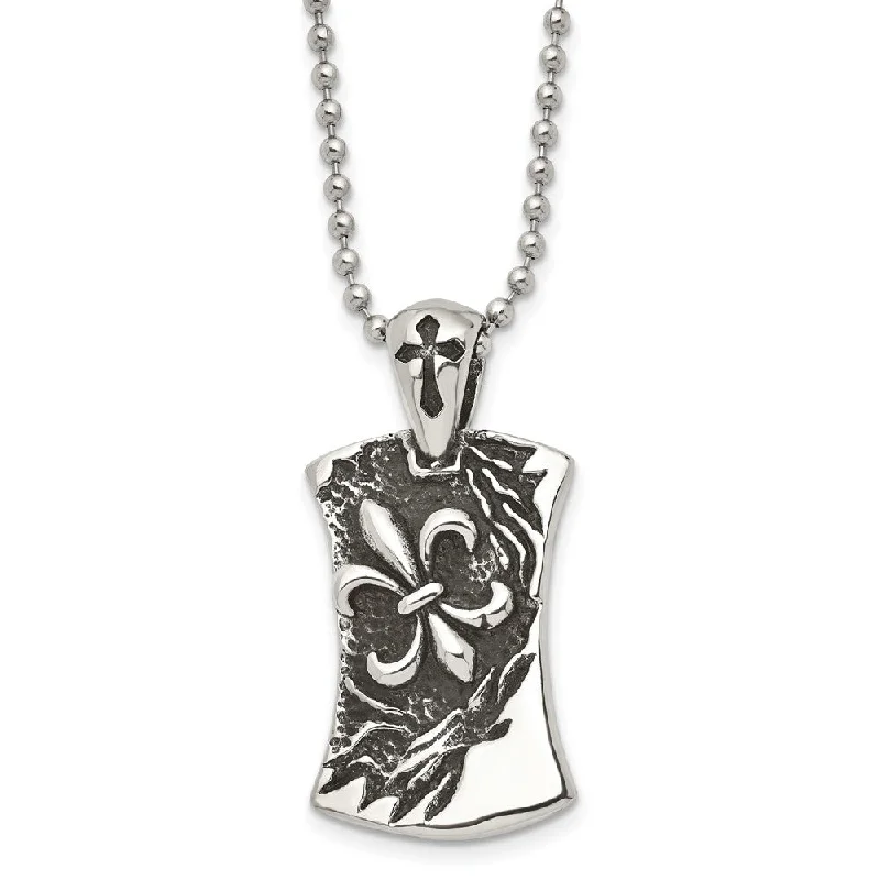 Twinkling crystal necklace-Men's Stainless Steel Antiqued Fleur de lis Dog Tag Necklace, 22 Inch